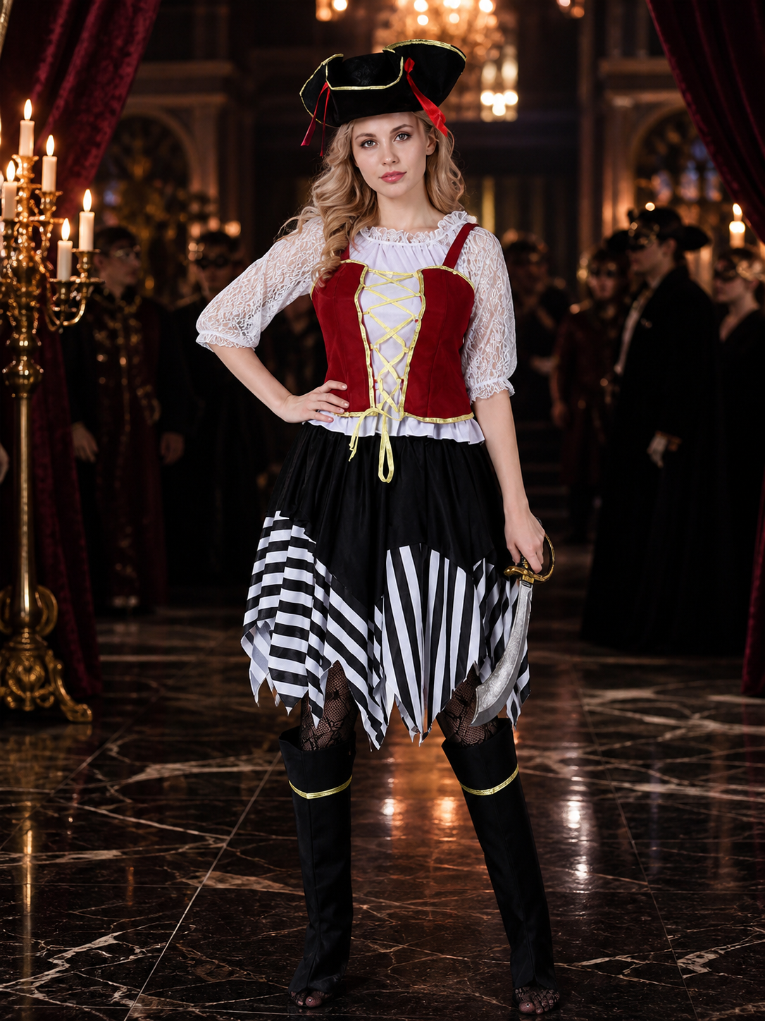 Women's Pirate Costume Set with Cross Chest Straps, Black and White Striped Costumes detail