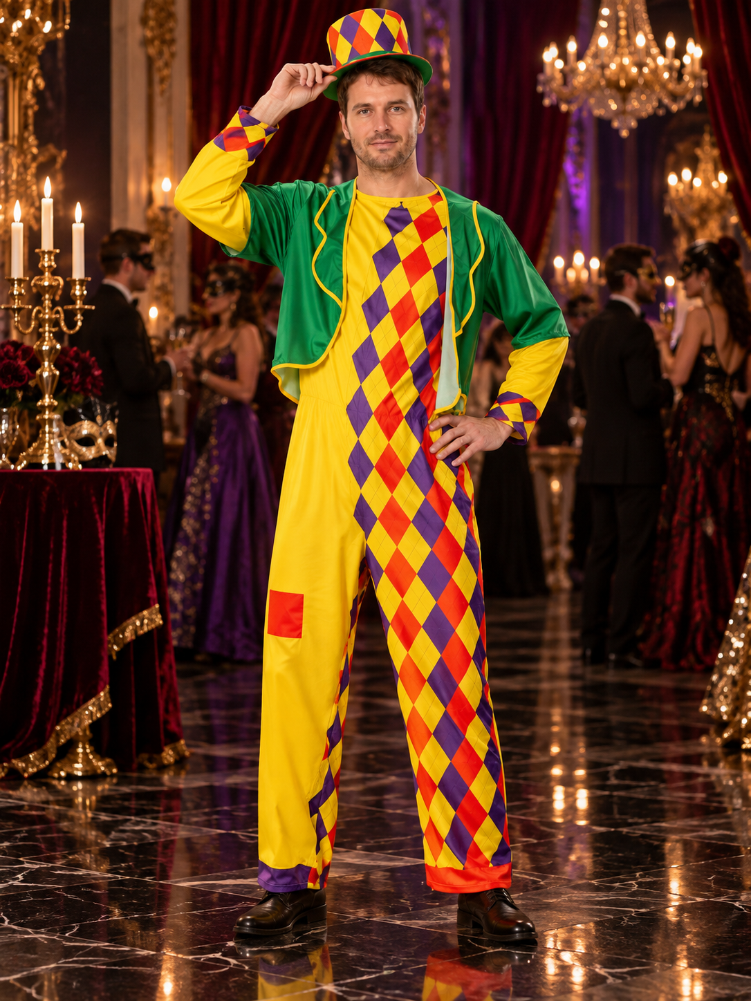 Colorful clown costume with jumpsuit, jacket and hat