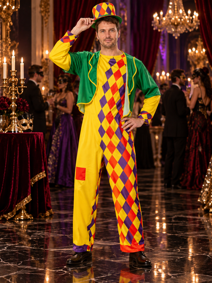 Colorful clown costume with jumpsuit, jacket and hat