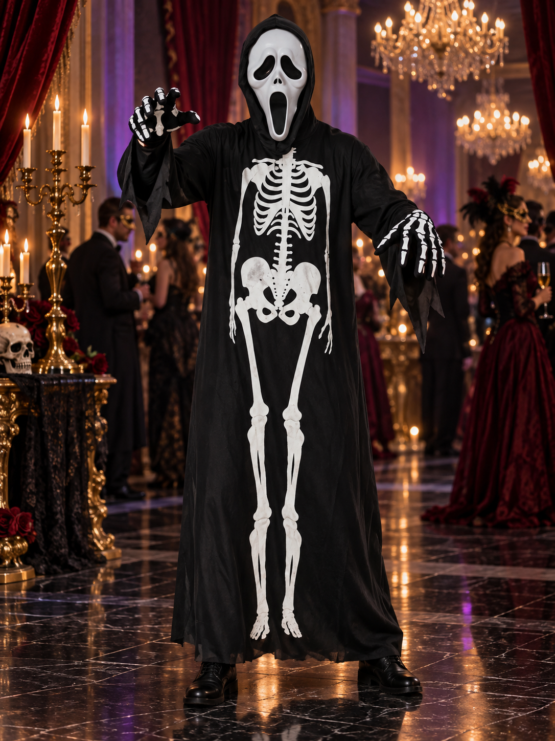 Halloween Skeleton Costume with Hood, Mask, and Gloves