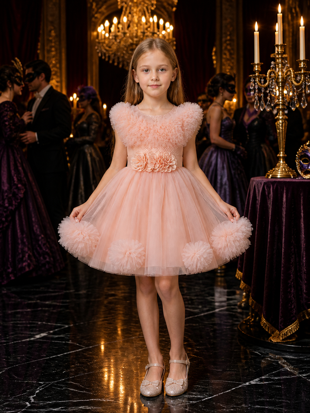 Girls' Pink Princess Dress, Sleeveless Layered Tulle Flower Girl Outfit With Costume Dresses detail