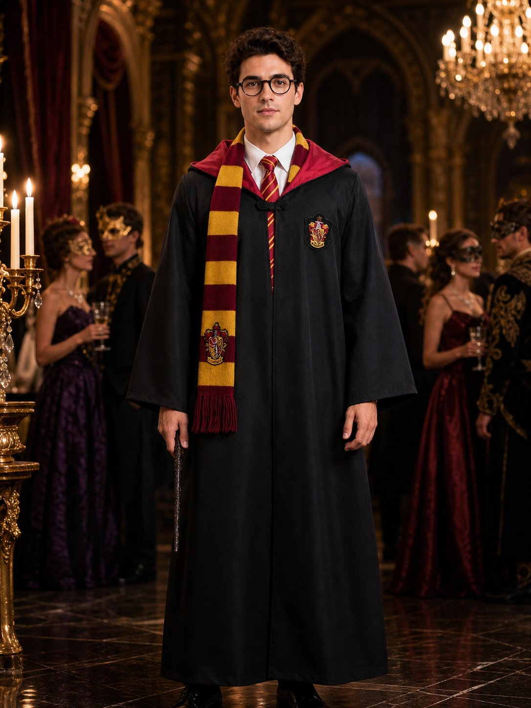 Gryffindor Wizard Costume Set, Hooded Robe With Scarf, Tie, Glasses And Wand Costume Accessories detail