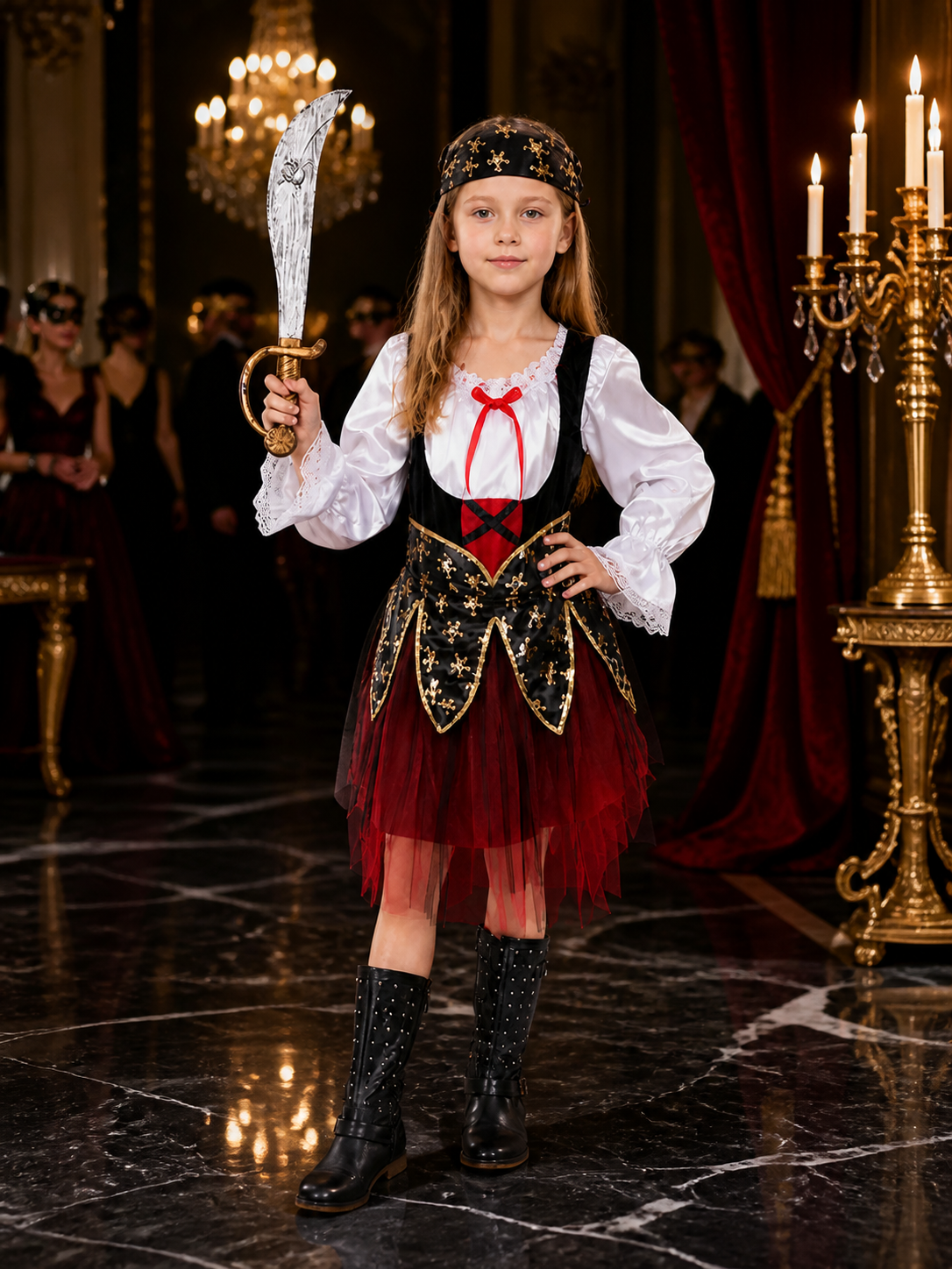 Kids Pirate Costume Set with Skull Print, Layered Skirt & Hat - Halloween Costume Headwear detail