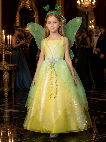Girls' Princess Dress Costume with Yellow Star Print and Green Layers Costume Dresses detail