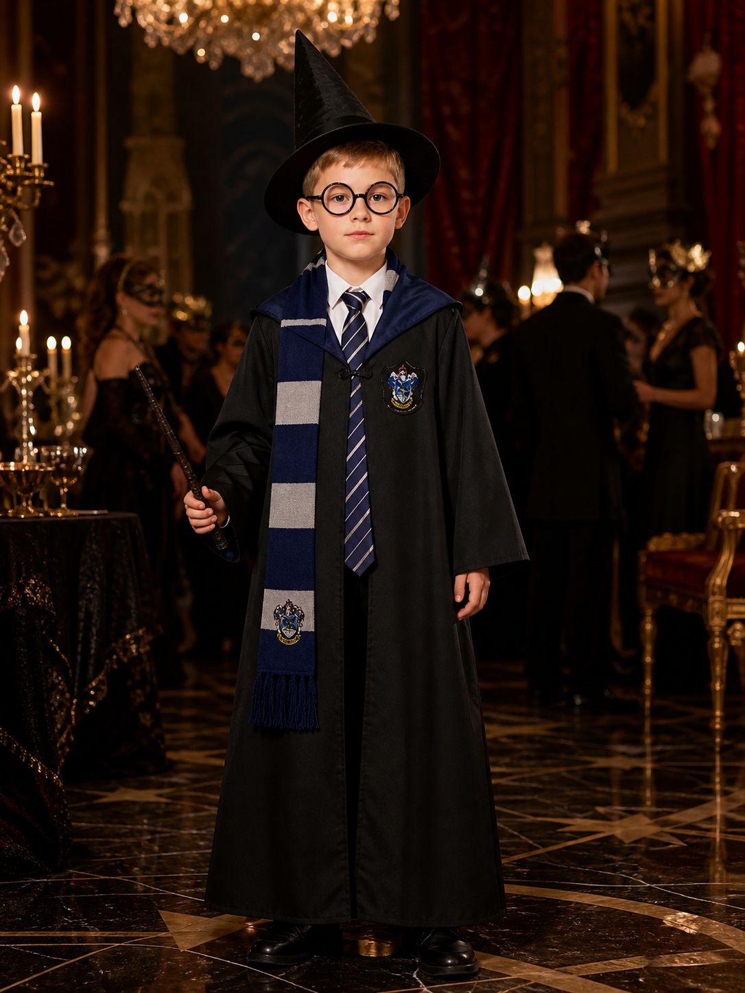 Magic Academy Wizard Costume Set, Hooded Robe with House Crest, Tie, Scarf Costumes detail