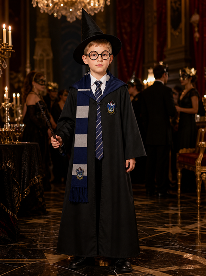 Magic Academy Wizard Costume Set, Hooded Robe with House Crest, Tie, Scarf Costumes detail