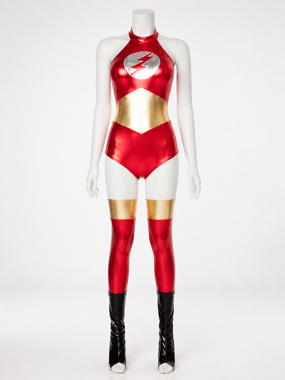 Adult Flash-Themed Sleeveless High-Neck Bodysuit Costume With Foot Covers Costumes detail