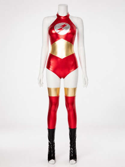 Adult Flash-Themed Sleeveless High-Neck Bodysuit Costume With Foot Covers Costumes detail