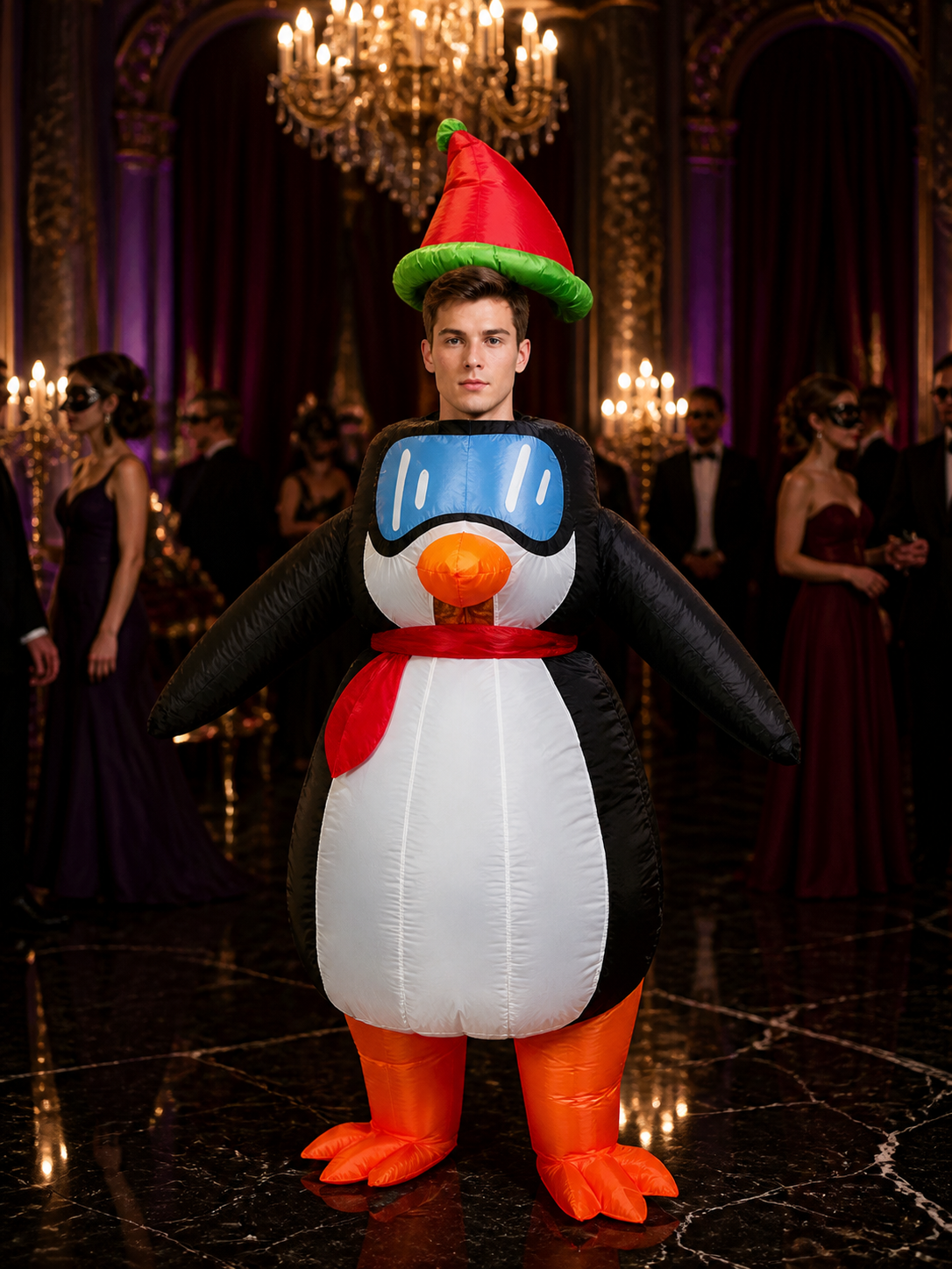 Christmas Penguin Costume with Santa Hat and Red Scarf Costume Headwear detail