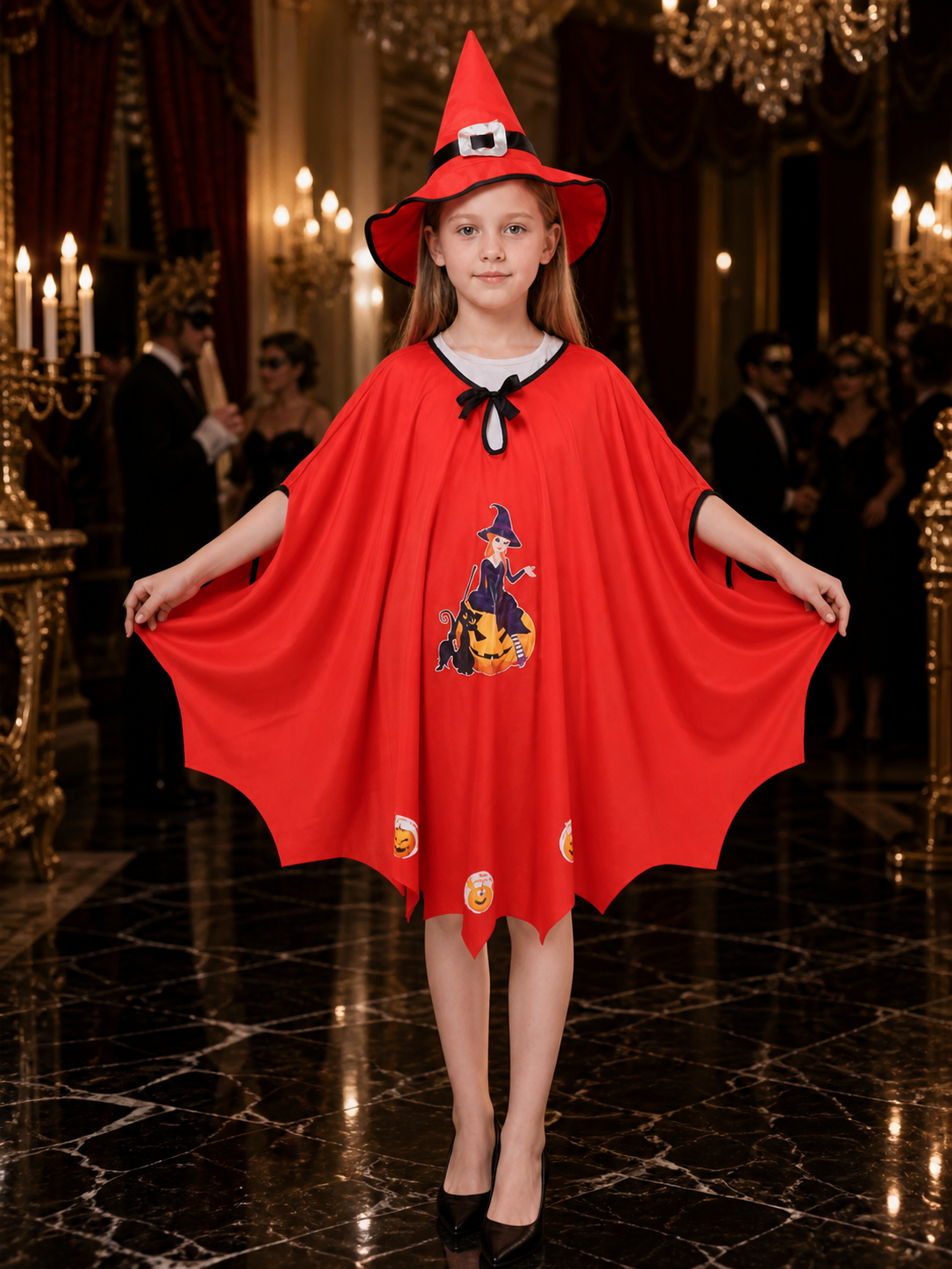 Kids' Wizard Costume Set, Red Witch Cloak with Black Cat Print and Pointed Hat Costume Capes detail