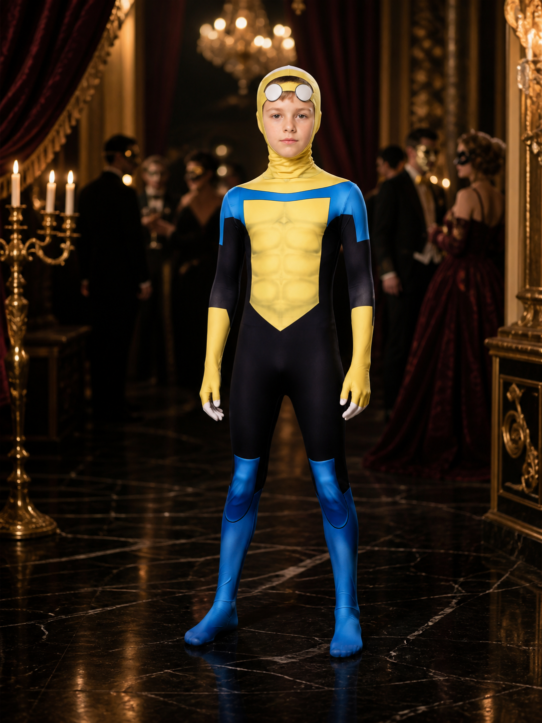 Blue Yellow Black Superhero Hooded Full-Body Jumpsuit Costume Costumes detail