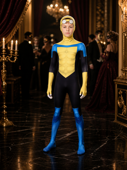 Blue Yellow Black Superhero Hooded Full-Body Jumpsuit Costume Costumes detail