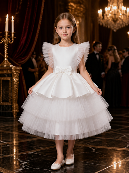 Girls' White Princess Dress, Ruffled Layered Tulle Skirt With Bow Costume Dresses detail
