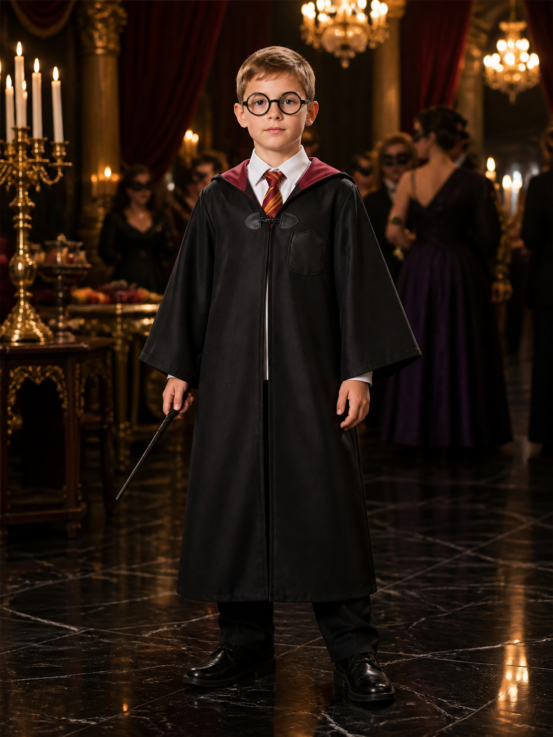 Kids Gryffindor Wizard Costume Set With Hooded Robe, Shirt, Pants, Tie And Costumes detail