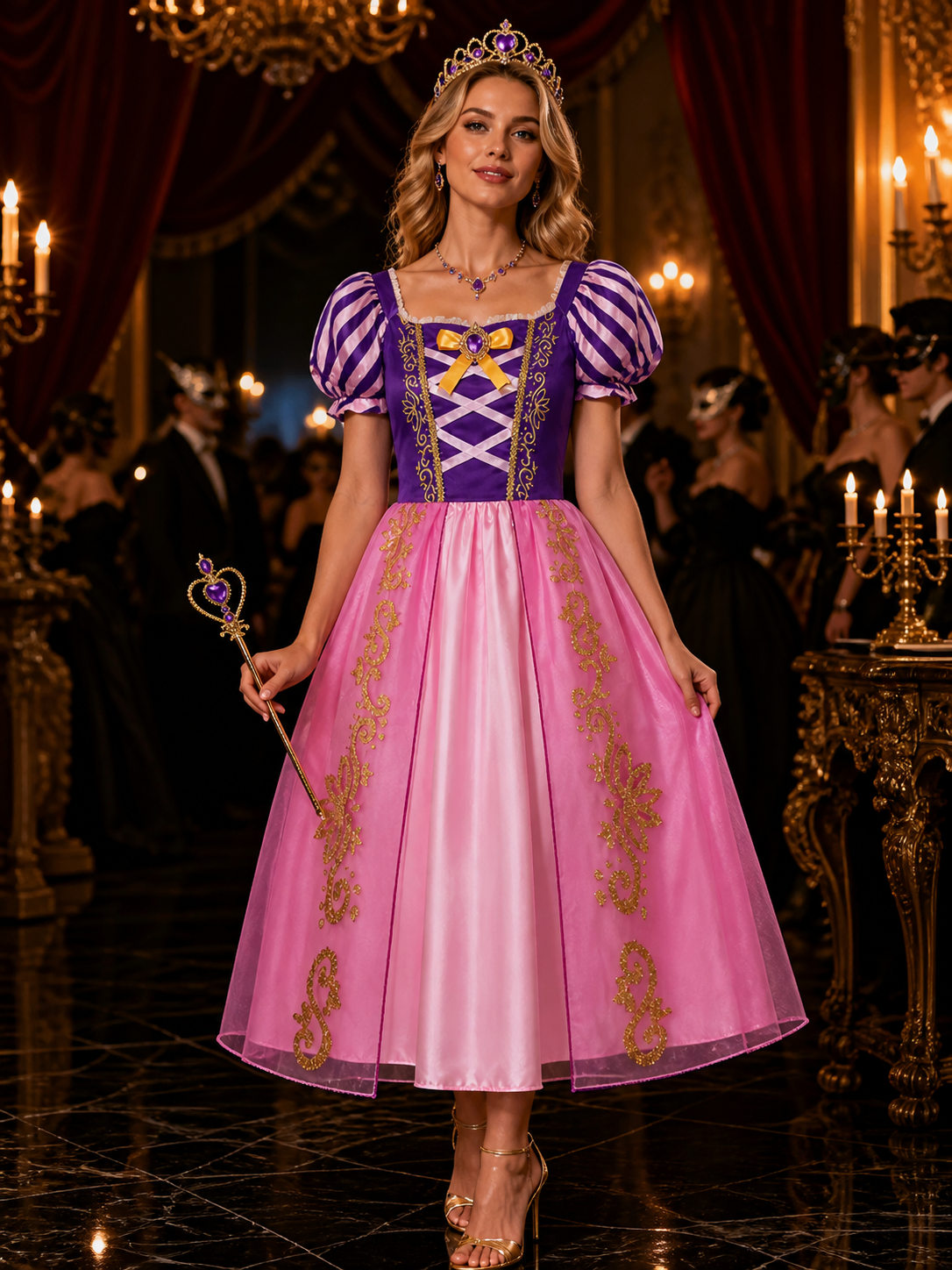 Girls Princess Halloween Costume Set with Crown and Magic Wand, Puff Sleeve Costume Headwear detail