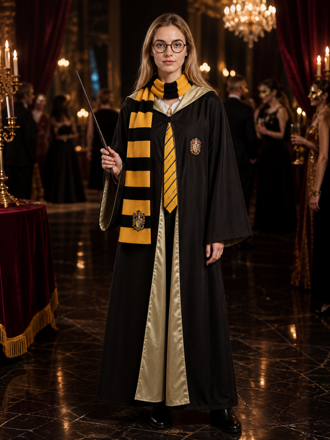 Wizard Hooded Robe Costume Set, Black and Yellow Striped Scarf, Tie, Wand and Costume Accessories detail