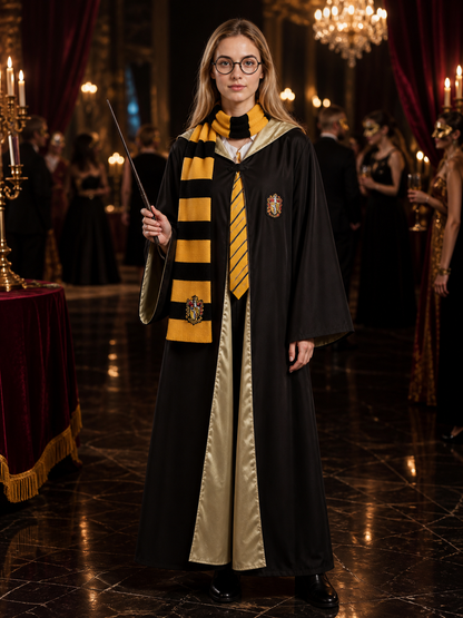 Wizard Hooded Robe Costume Set, Black and Yellow Striped Scarf, Tie, Wand and Costume Accessories detail