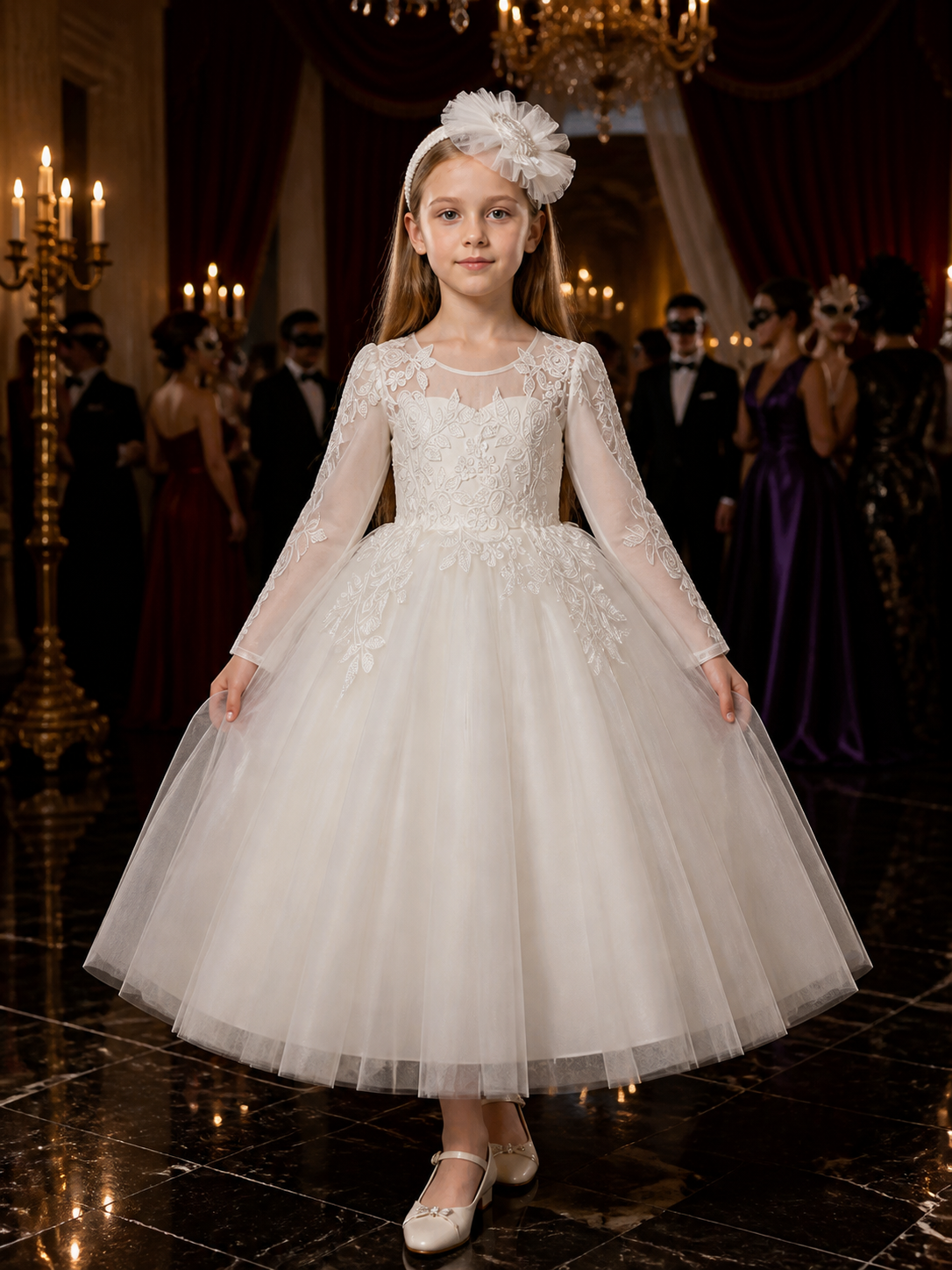 Girls' White Princess Dress, Long Sleeve Lace Embroidered Layered Tulle Gown Costume Dresses detail