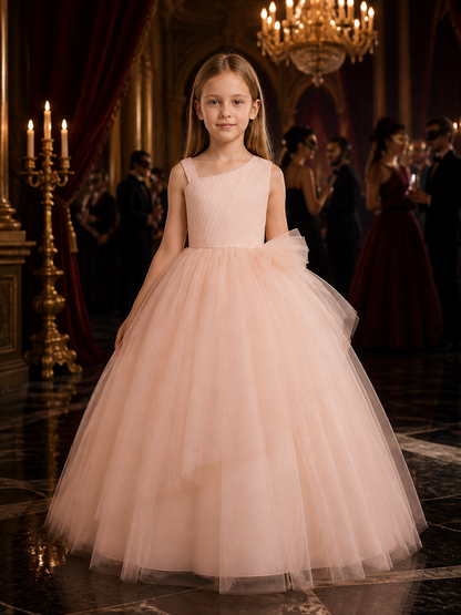 Girls' Blush Pink Princess Dress, One-Shoulder Layered Tulle Party Gown With Bow Costume Dresses detail