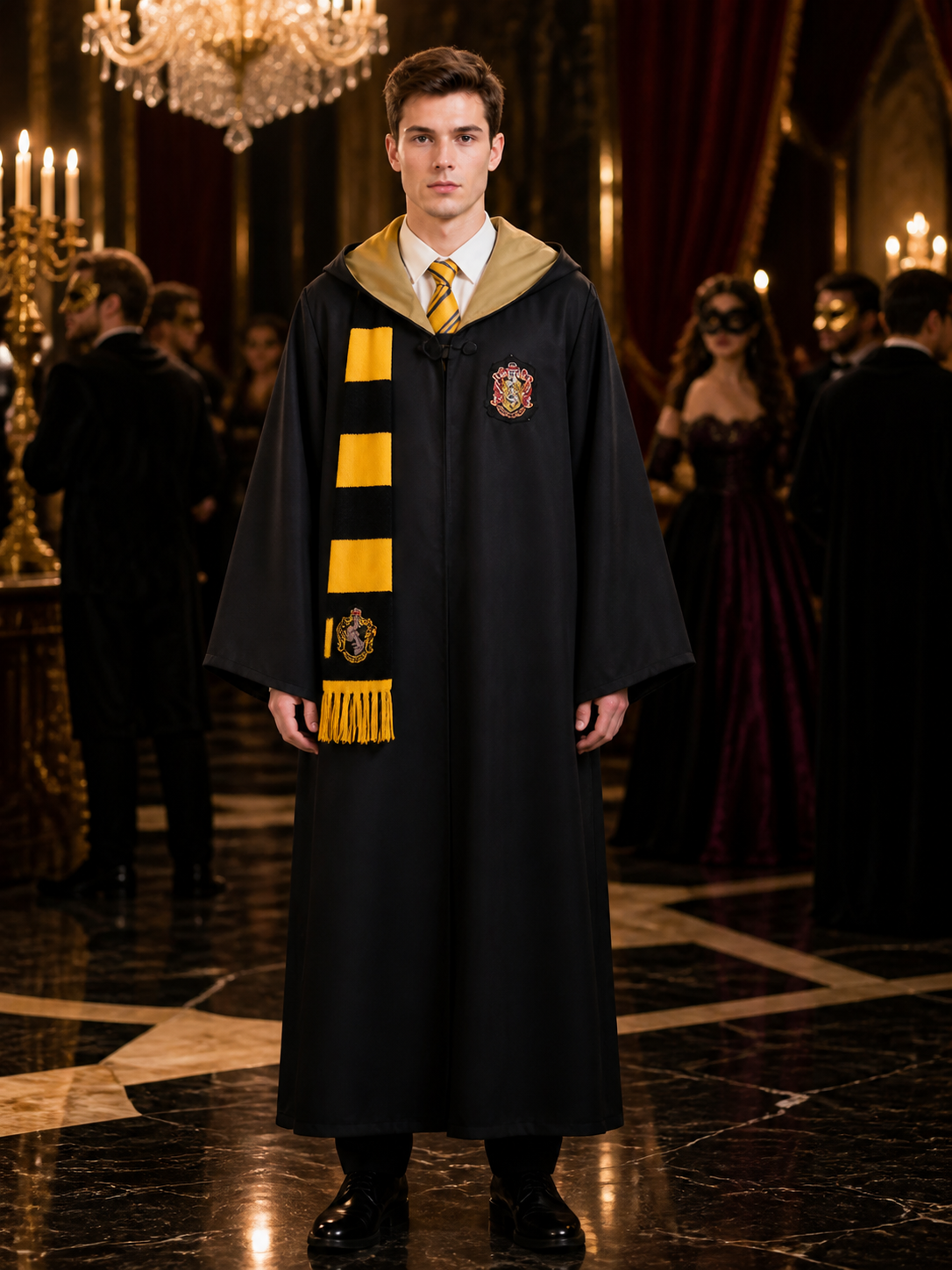 Hooded Wizard Robe Costume Set with Black and Gold Design, Includes Tie and Costumes detail