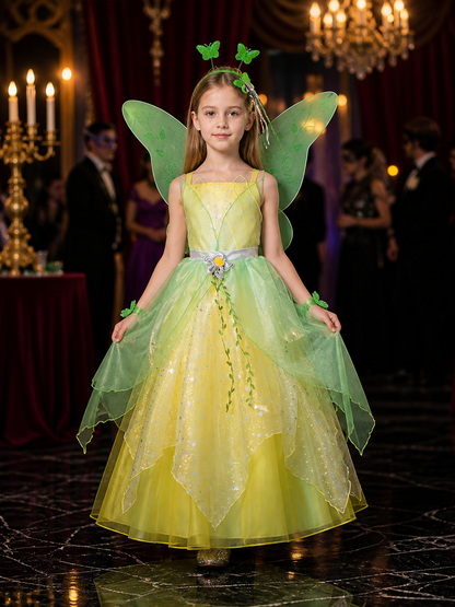 Girls' Fairy Princess Dress, Leaf Print Glitter Tulle Costume, Long Flowing Costume Dresses detail