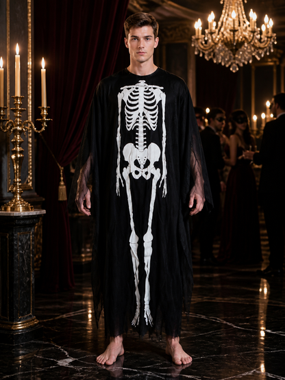 Skeleton Jumpsuit Costume, Long Black And White Draped-Sleeve Halloween Outfit Costumes detail