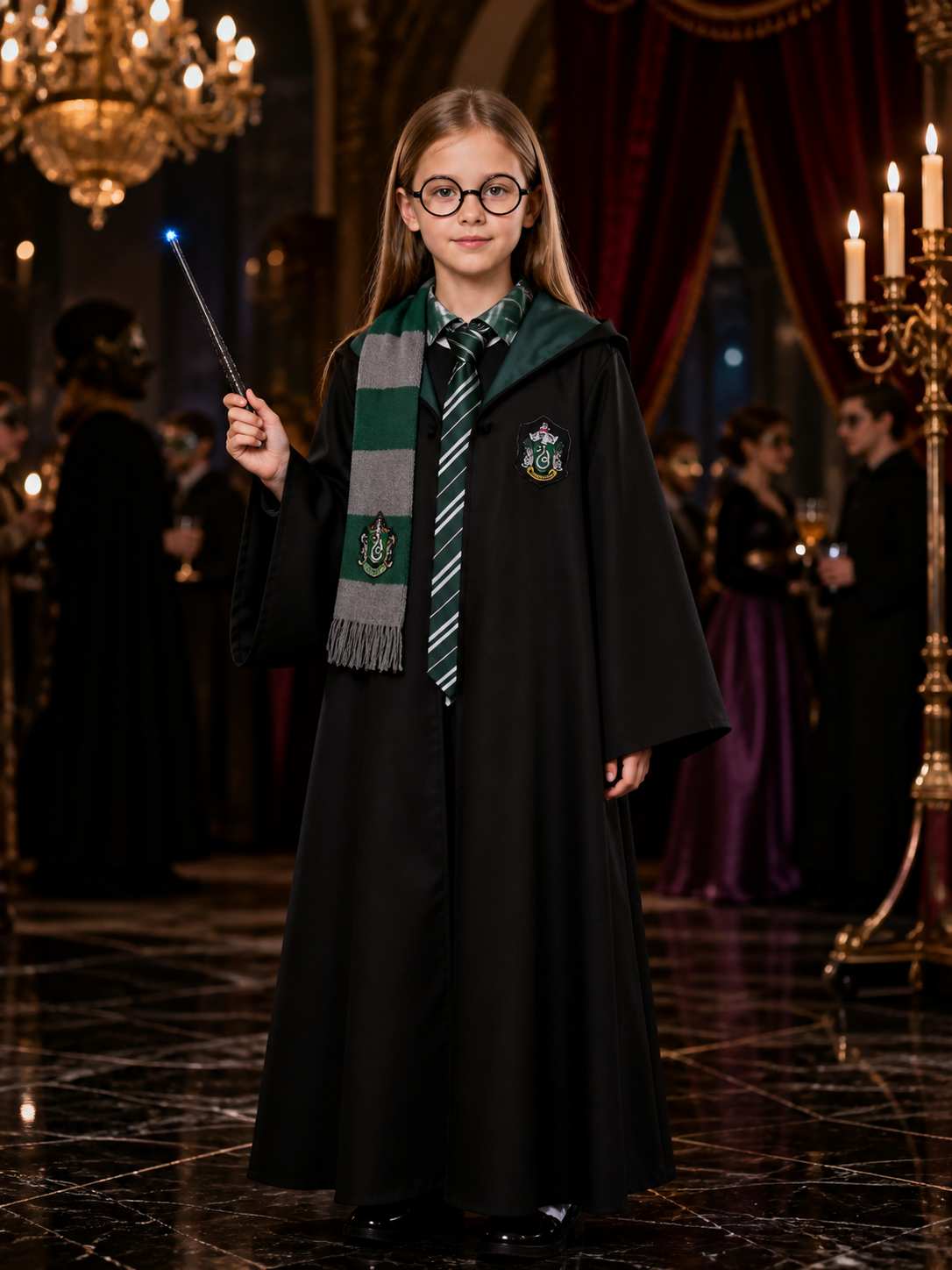 Wizard Cosplay Costume Set with Hooded Robe, Striped Scarf, Tie, Glasses & Wand Costume Accessories detail