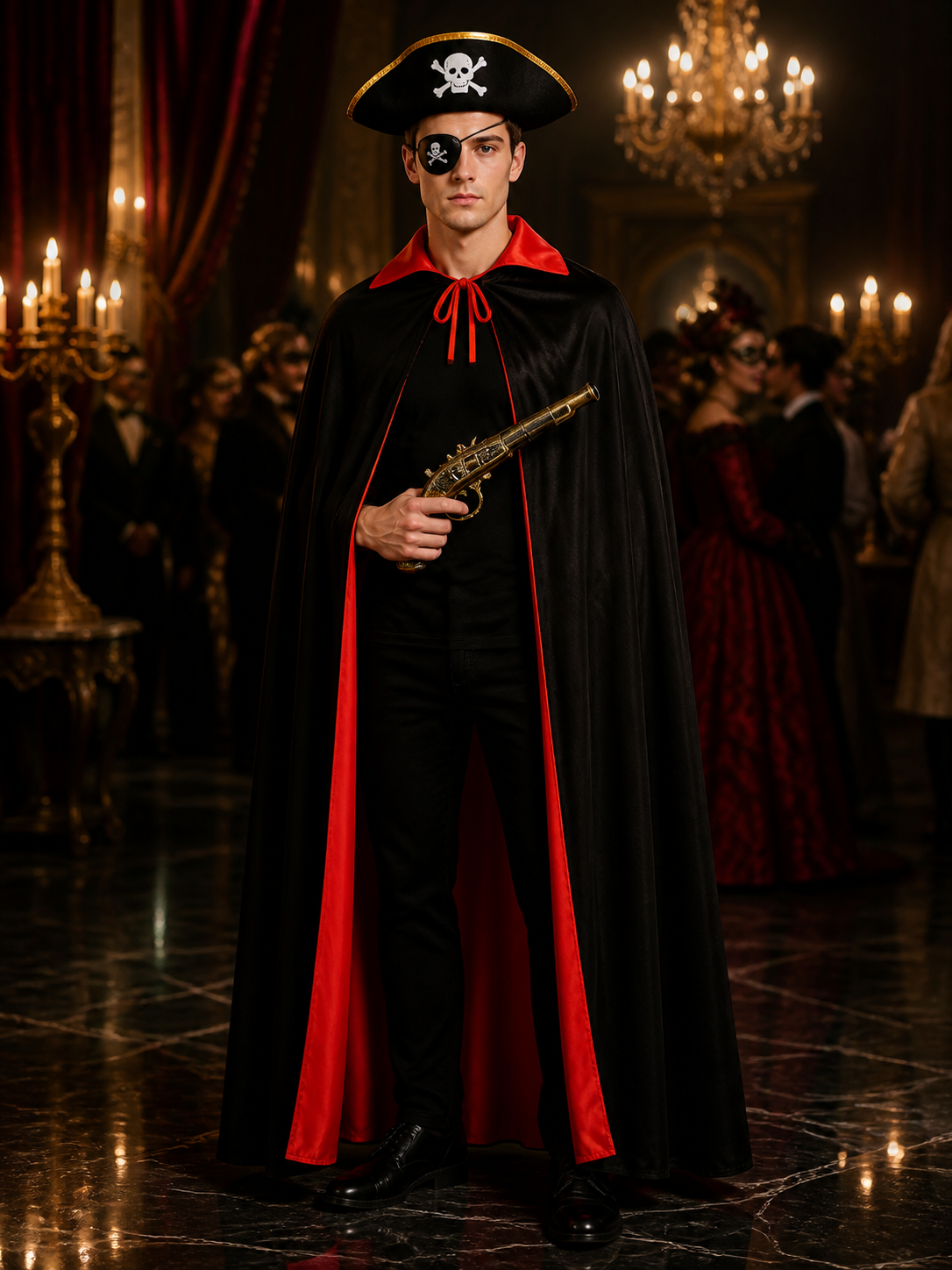 Pirate Costume Set, Black Red Double-Sided Cape with Skull Hat, Eye Patch and Costume Capes detail