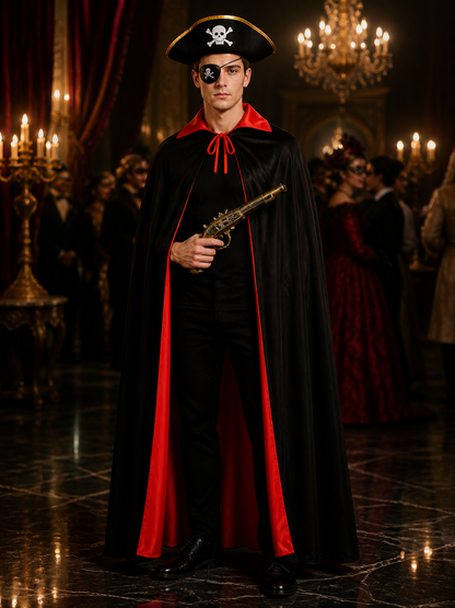 Pirate Costume Set, Black Red Double-Sided Cape with Skull Hat, Eye Patch and Costume Capes detail