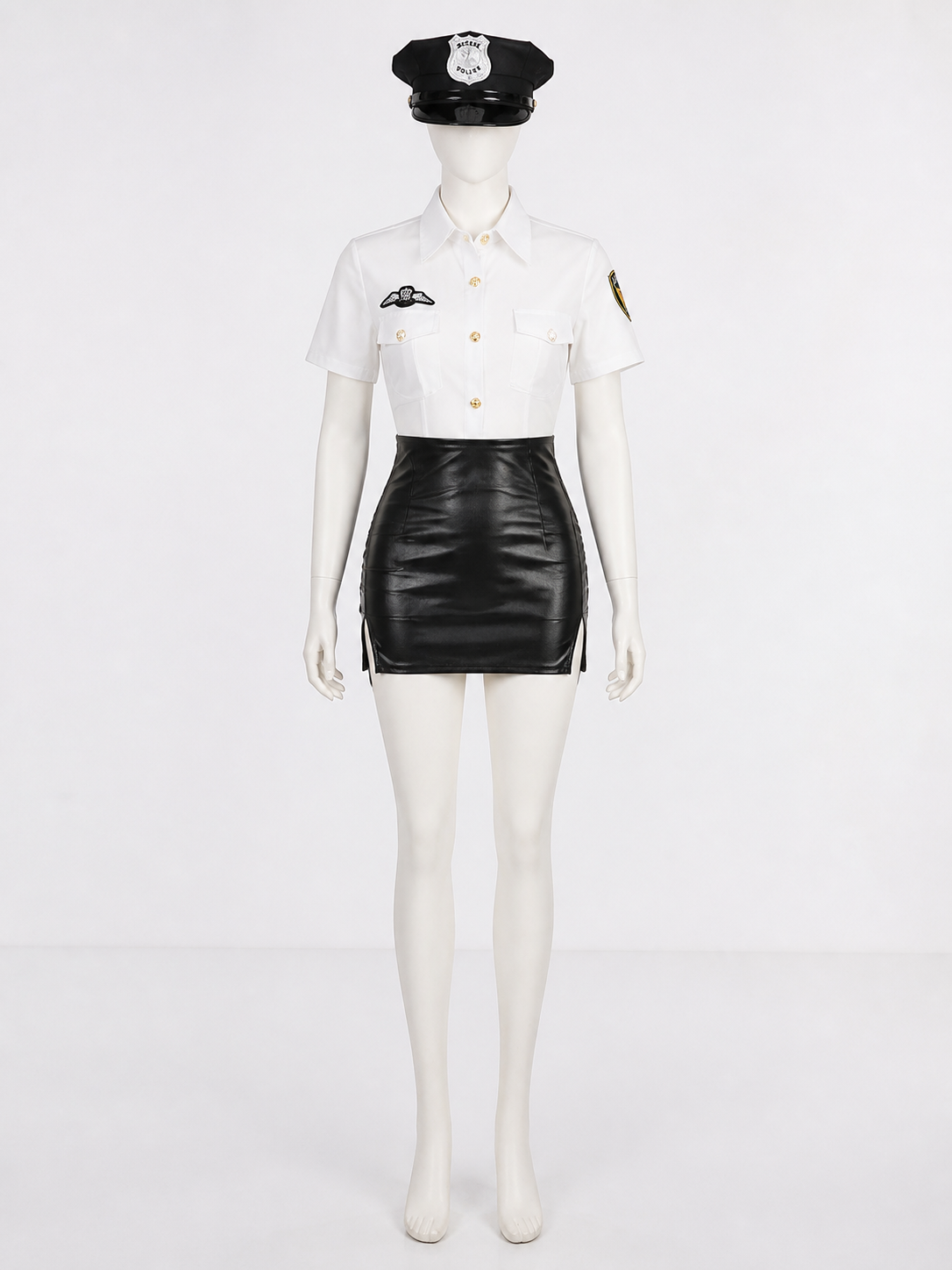 Women's Sexy Police Officer Costume Set - White Top & Black Skirt with Gold Costumes detail