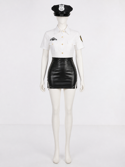 Women's Sexy Police Officer Costume Set - White Top & Black Skirt with Gold Costumes detail