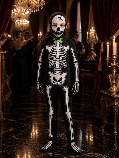 Kids Skeleton Bodysuit Halloween Costume, Black with White Bone Print and Green Costumes detail