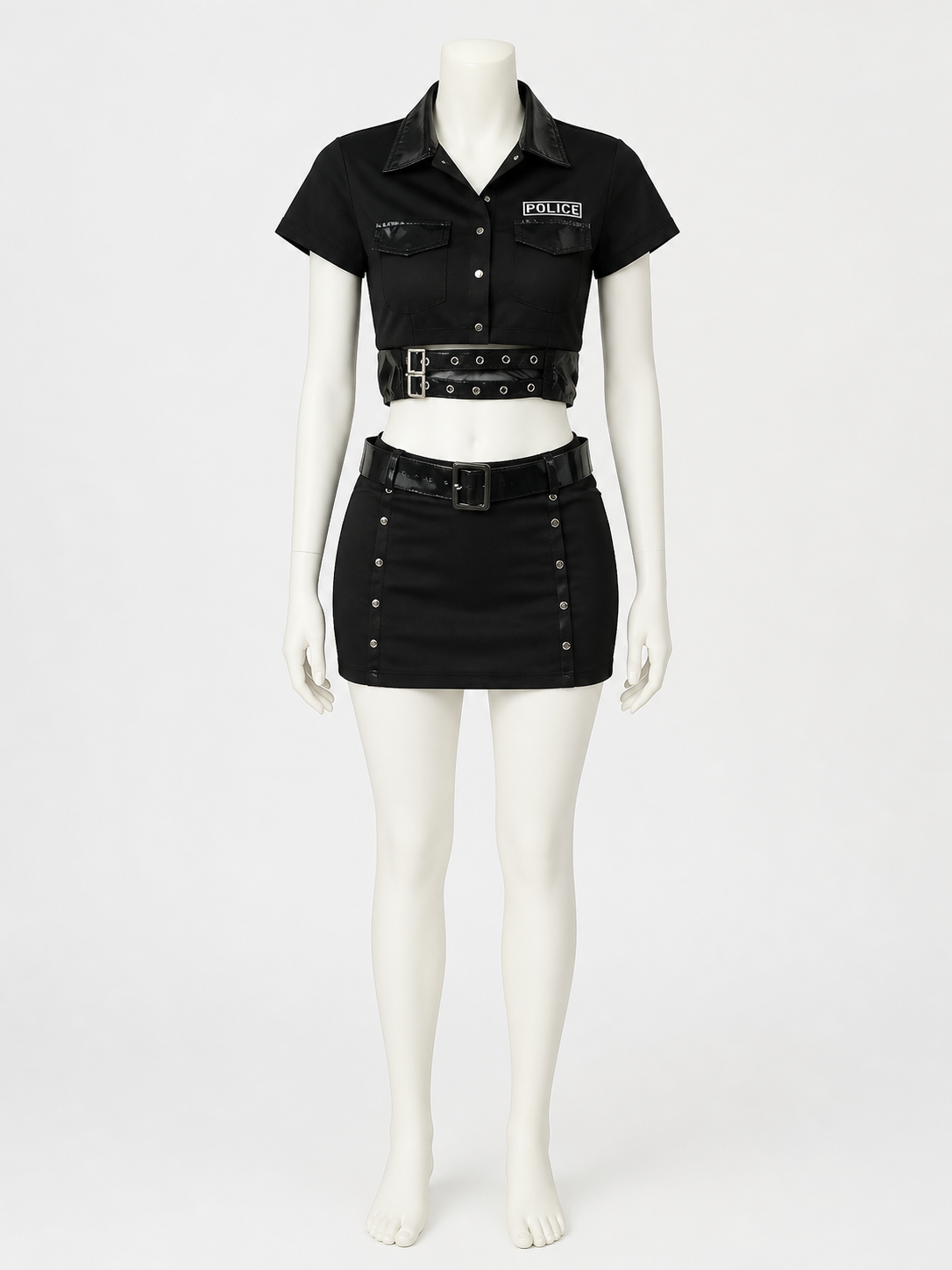 Women's Police Officer Costume Set, Black Crop Top with Skirt, Sexy Halloween Costumes detail