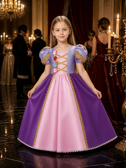 Toddler Girls' Purple Pink Princess Dress, Puff Sleeves, Floral Full Skirt