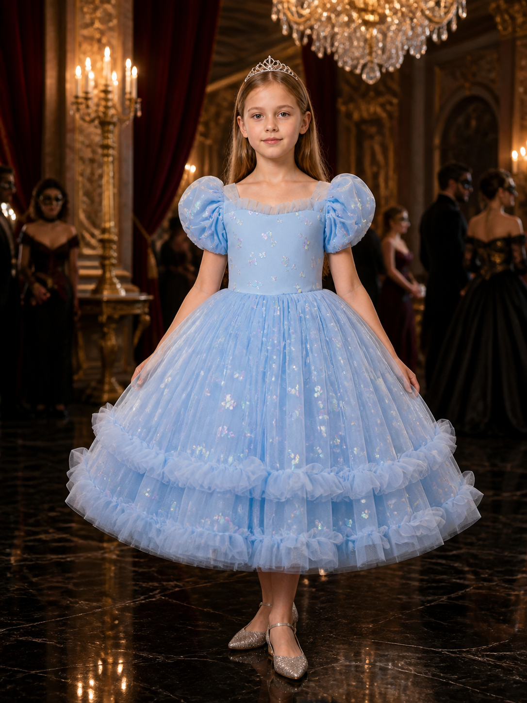 Toddler Girls' Sky Blue Princess Dress with Puff Sleeves, Layered Tulle Ruffles Costume Dresses detail