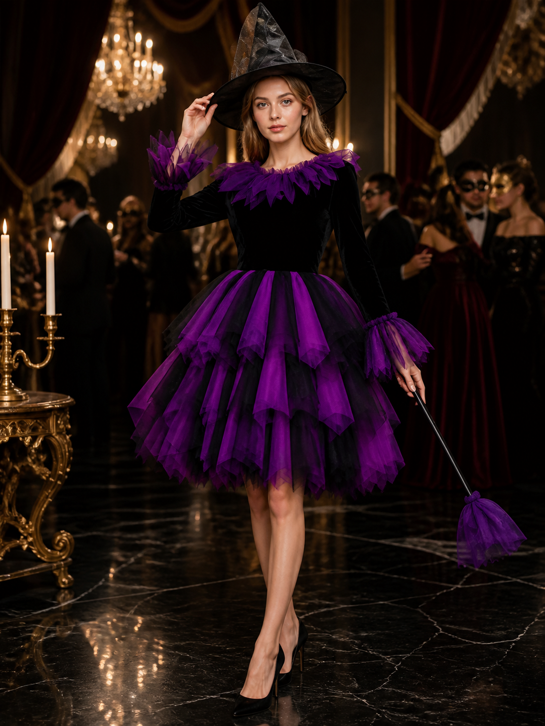 Adult & Kids Witch Costume Dress, Long Sleeve Layered Tulle Purple & Black