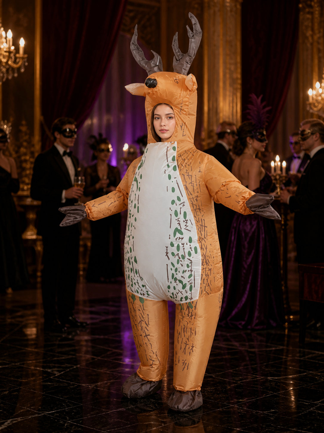 Unisex Reindeer Hooded Onesie Costume with Antlers, White Belly and Green Trim Costumes detail