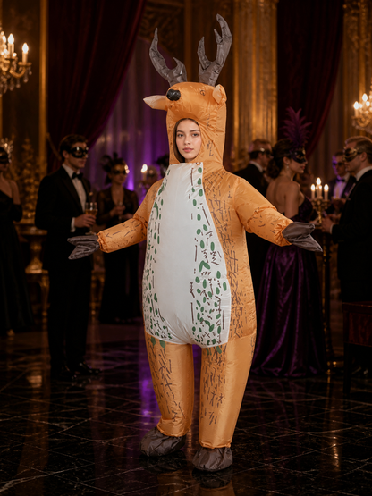 Unisex Reindeer Hooded Onesie Costume with Antlers, White Belly and Green Trim Costumes detail