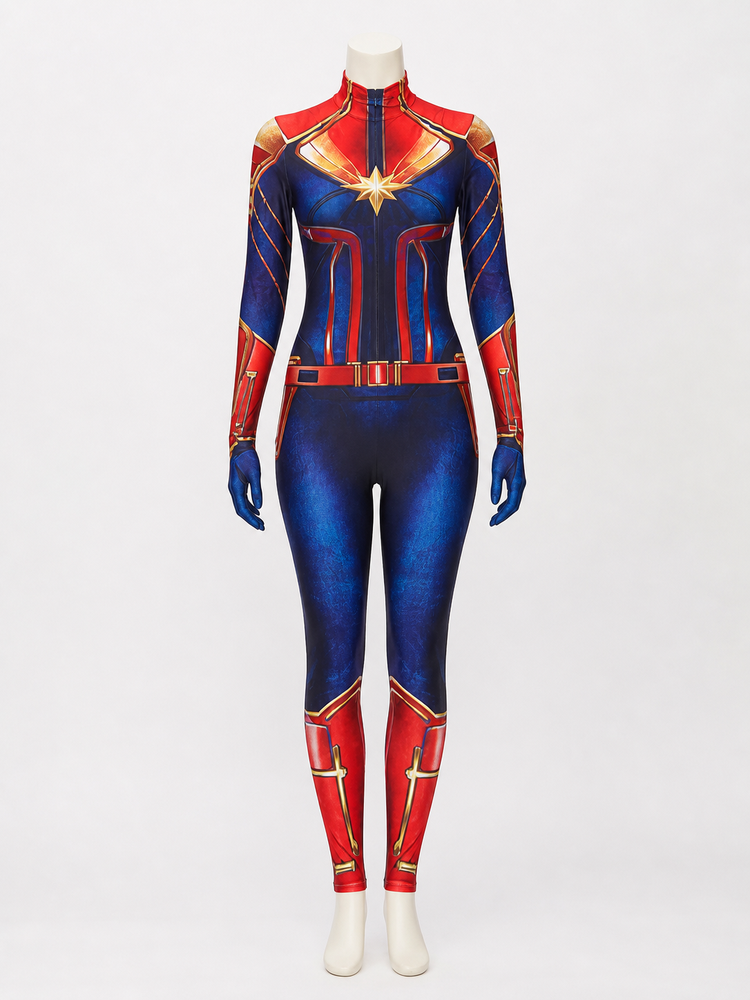 Adult Captain Marvel Bodysuit Costume, Long Sleeve High Neck Red Blue Gold Costumes detail