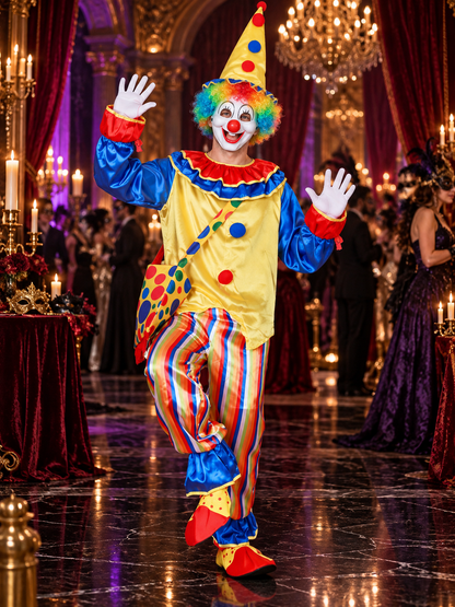 Clown Costume with Yellow Top, Pants, and Polka-Dot Hat