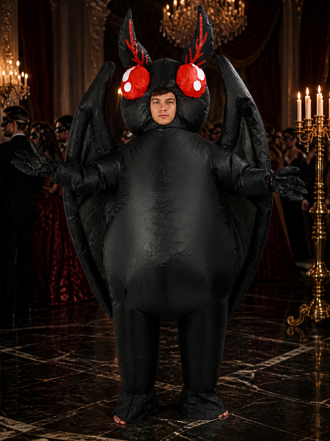 Black Bat Hooded Bodysuit Costume with Wings and Red Eyes - Unisex Halloween Costumes detail