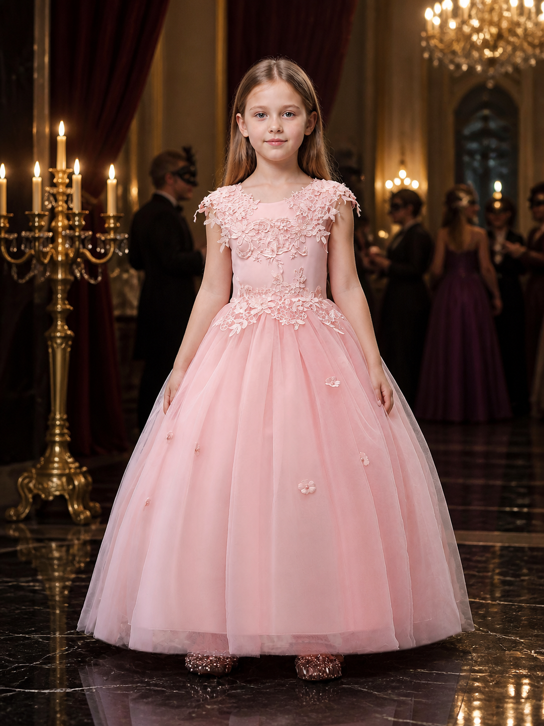 Girls' Pink Flower Girl Princess Dress With Floral Lace and Puffy Skirt Costume Dresses detail