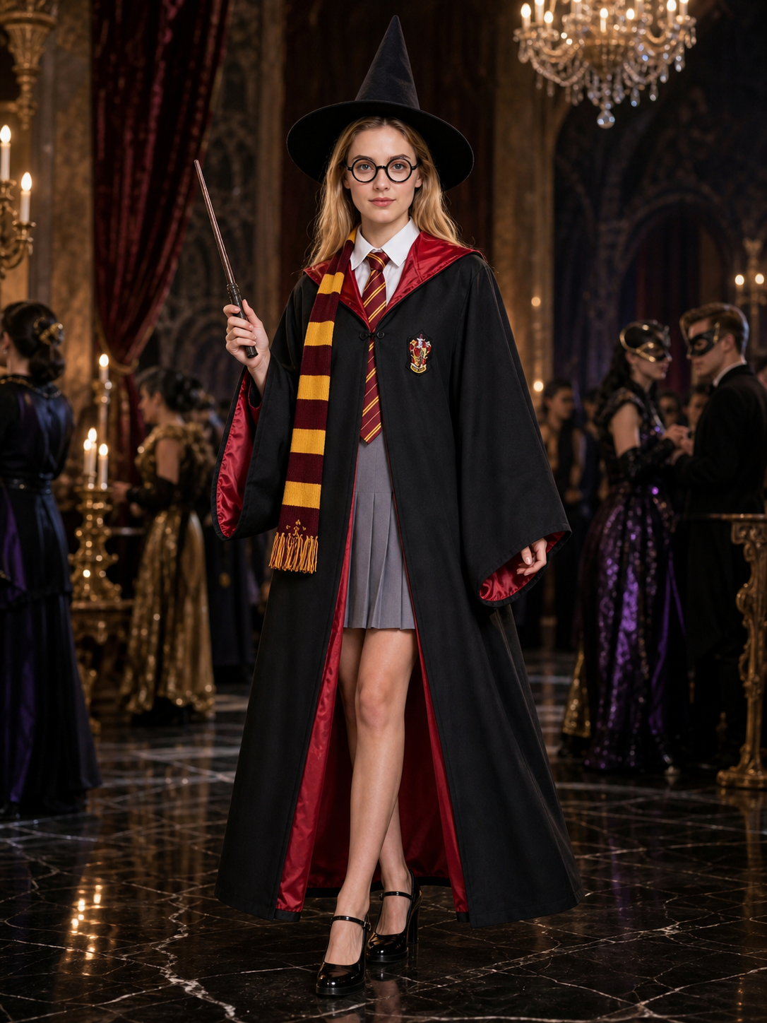 Wizard Costume Set With Hooded Robe, Shirt, Skirt, Hat, Glasses, Tie, Scarf And Costume Headwear detail