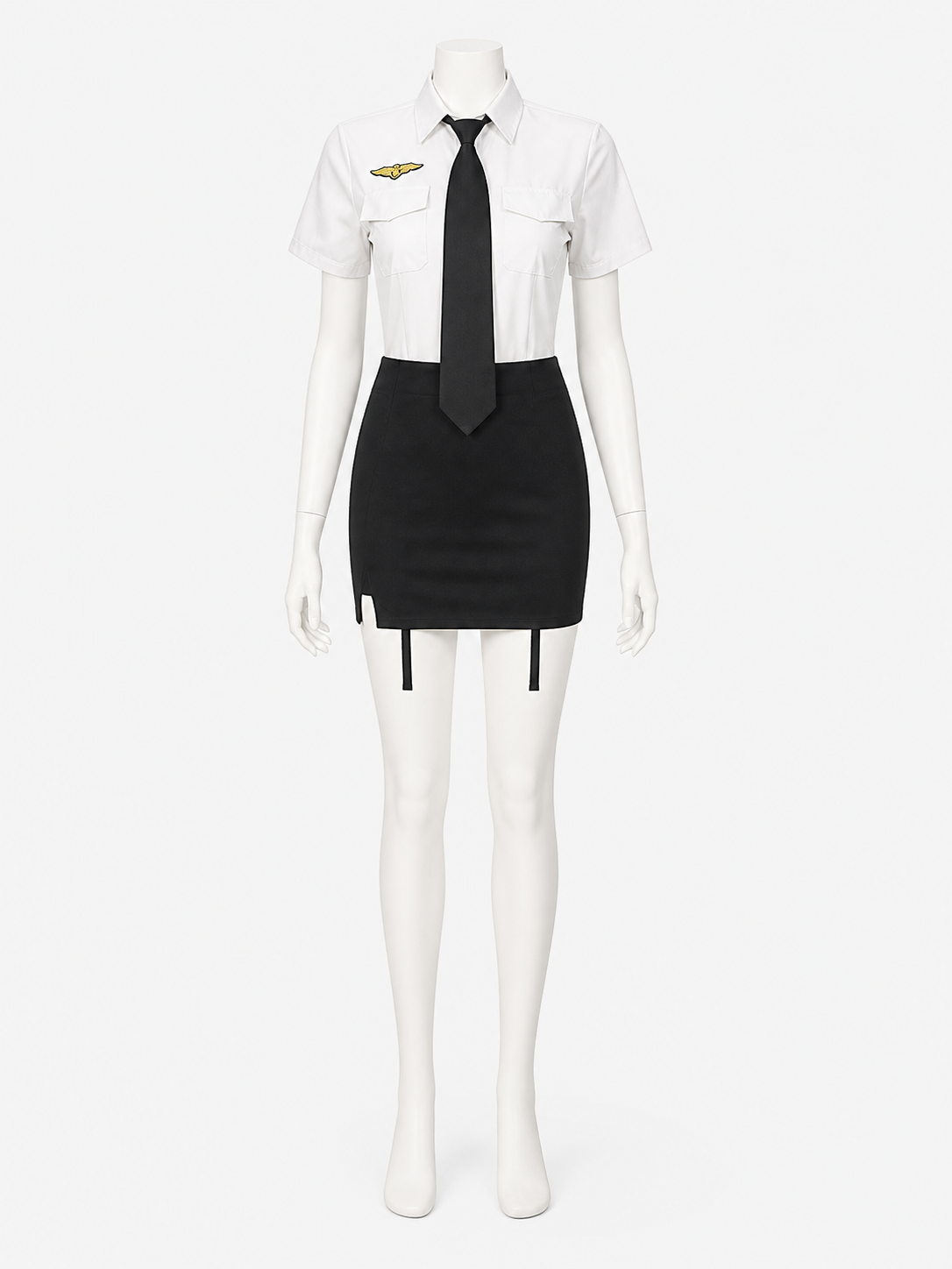 Women's Police Officer Costume Set with Hat, Tie & Gloves - White & Black Short Costume Headwear detail