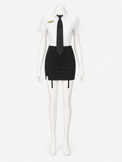 Women's Police Officer Costume Set with Hat, Tie & Gloves - White & Black Short Costume Headwear detail