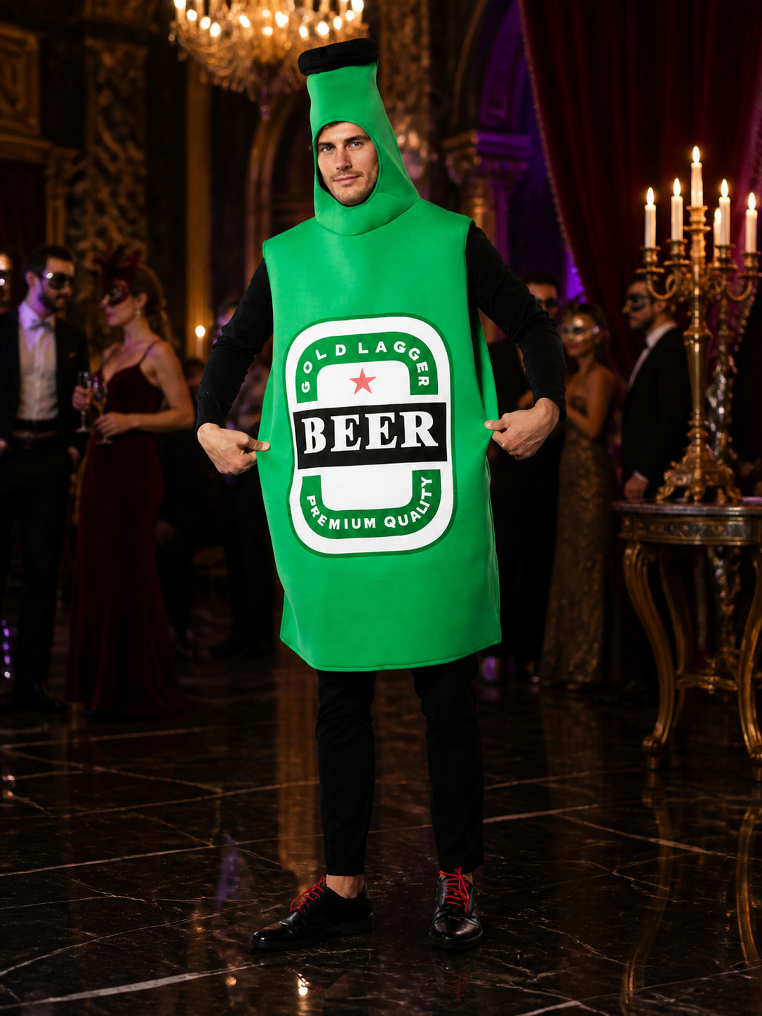 Adult Unisex Beer Bottle Costume, Sleeveless One-Piece Outfit with Bottle Cap Costume Headwear detail