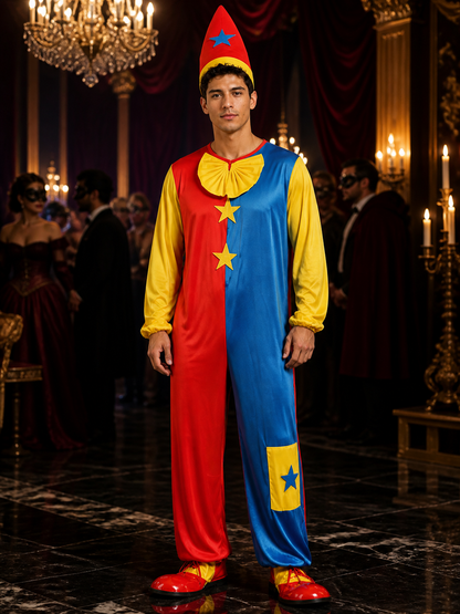 Unisex Clown Jumpsuit Costume Set With Pointed Hat And Star Decorations For Costume Headwear detail