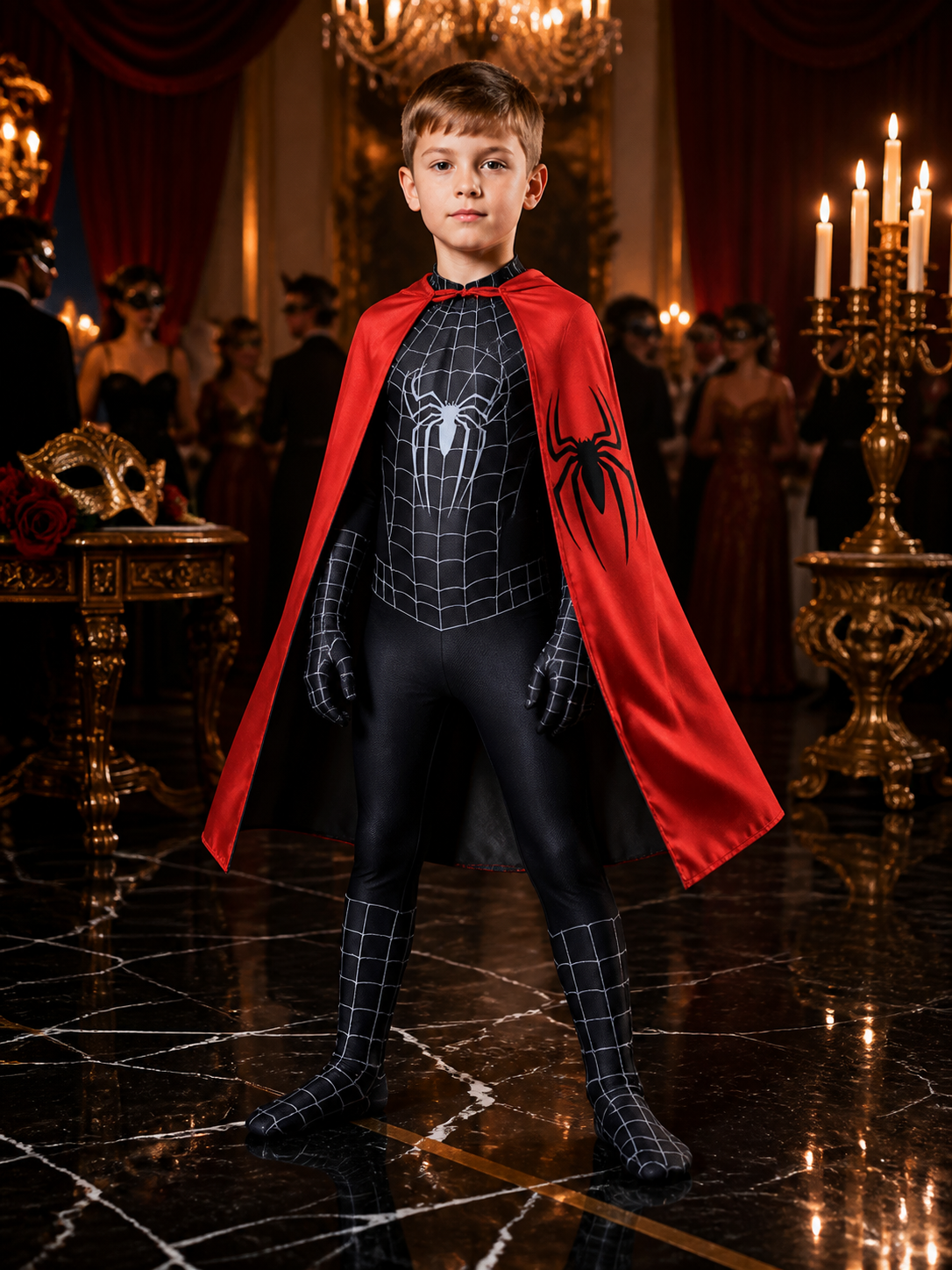 Black Spider-Themed Bodysuit Costume With Cape And Integrated Mask Costume Capes detail