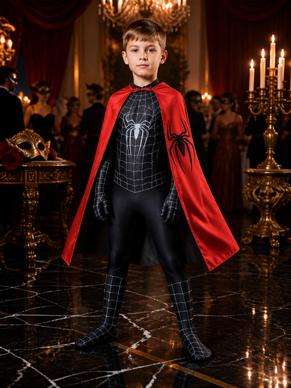Black Spider-Themed Bodysuit Costume With Cape And Integrated Mask Costume Capes detail