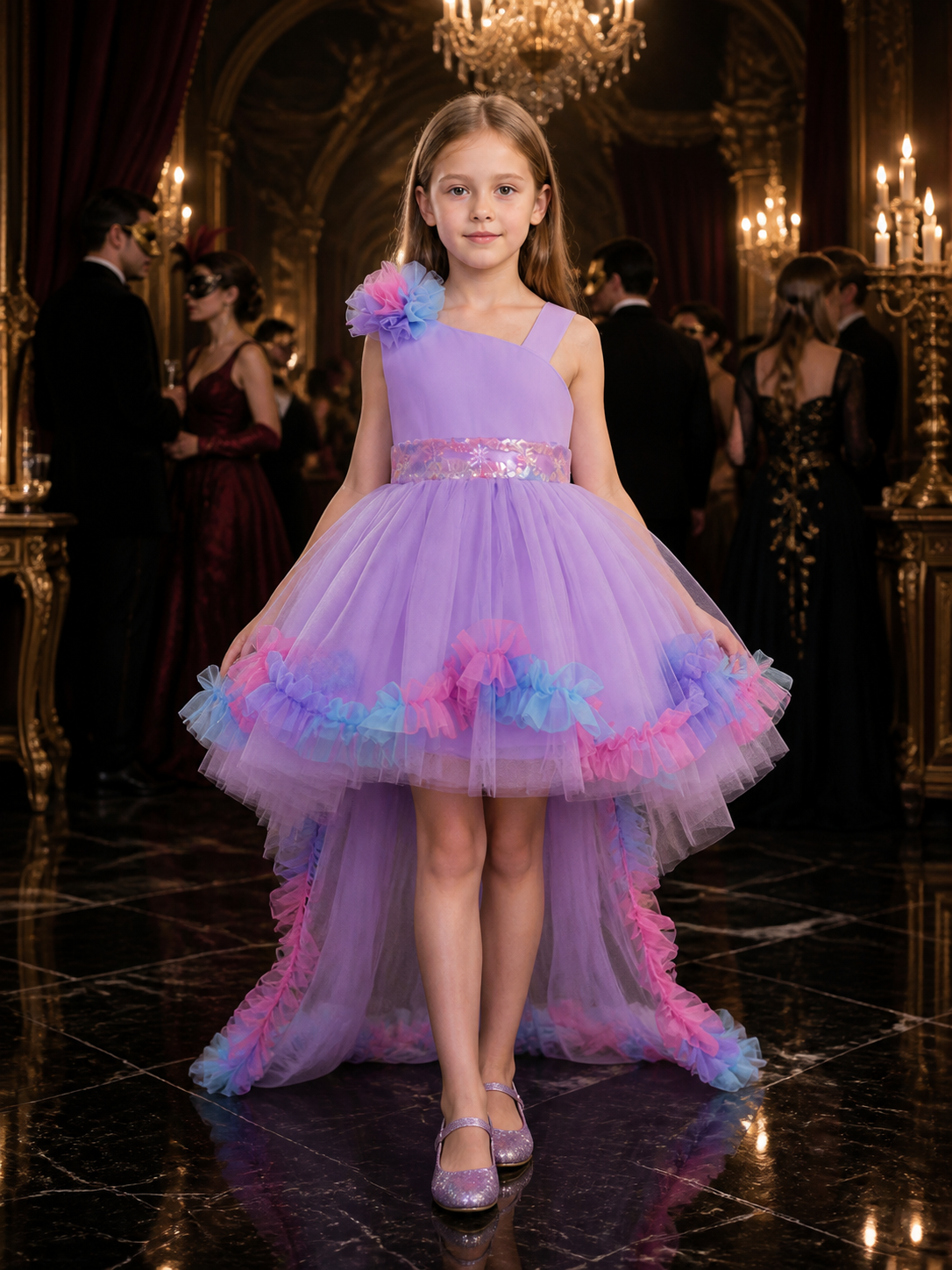Girls' Princess Tulle Flower Girl Dress, One-Shoulder Long-Tail Party Gown Costume Dresses detail